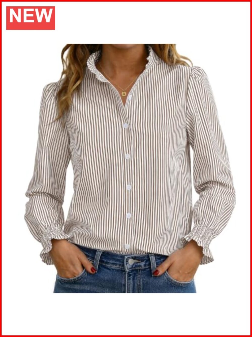 Women's Striped Button Down Blouse Long Sleeve Ruffle Hem Casual Top
